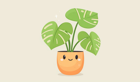 A potted plant with a smiley face drawn on its pot, showing a cheerful and playful touch to home decor.の素材