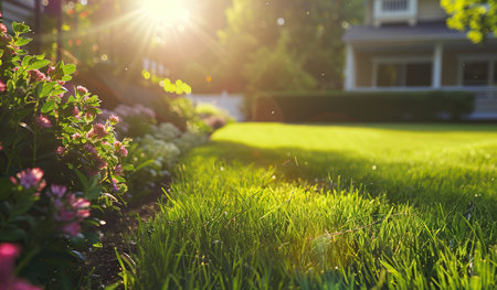 The sun shines brightly on a lush green lawn, illuminating the grass with a vivid glow.の素材