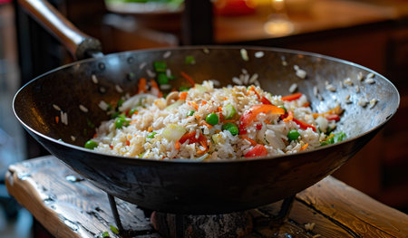 A wok containing a colorful mix of rice and assorted vegetables is placed on a rustic wooden table, showing a fresh and nutritious meal preparation.の素材