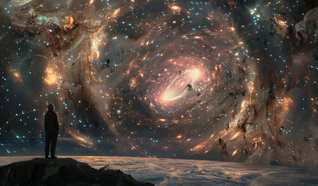 A man stands confidently on the summit of a mountain while a vast galaxy-filled sky sparkles above him.の素材