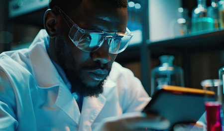 A man in a lab coat carefully focused on analyzing information displayed on a tablet device.の素材