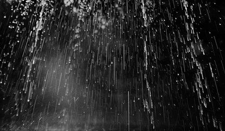 A black and white depiction of a rain shower, capturing the falling raindrops and the dark clouds in the sky.の素材