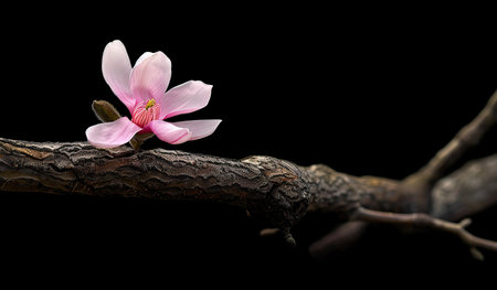 A pink flower is delicately perched on a tree branch, showing its vibrant color against the green foliage.の素材