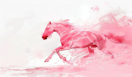 A painting depicting a pink horse in full gallop against a pristine white background. The horses flowing mane and tail show movement and speed.の素材