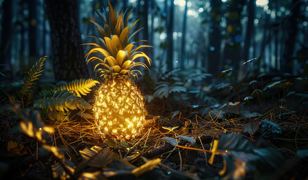 A bright pineapple shining in the midst of a dense forest, standing out in the dark setting with its illuminated appearance.の素材