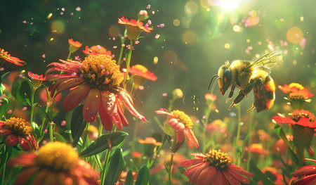 A bee is seen flying gracefully over a vibrant field filled with colorful flowers. The bees wings are in motion as it pollinates the blossoms, creating a scene of nature in action.の素材