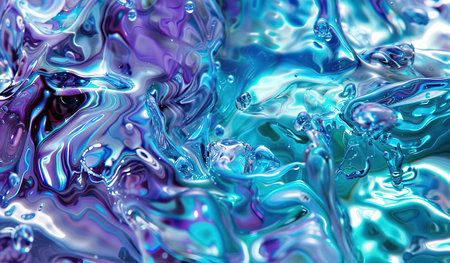 Close up view showing a mixture of blue and purple liquids swirling together. The colors create a mesmerizing pattern as they blend and merge with each other, forming unique shapes and textures.の素材