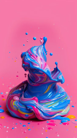 A dynamic display of swirling blue, pink, and yellow liquids blending together on a pink background. The colors interact in unique patterns, creating a vibrant and energetic visual.の素材