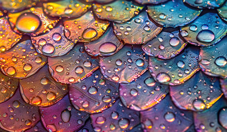Close-up view of multiple water droplets resting on a vibrant and colorful surface, creating a visually appealing pattern. The droplets reflect light and distort the colors underneath, adding a unique and dynamic element to the composition.の素材