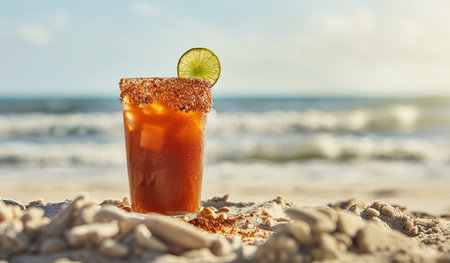 A glass of drink with a lime slice on the sandy beach as the waves crash in the background. The beverage reflects the blue sky above and the sun shining down, creating a tropical atmosphere.の素材