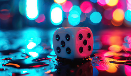 A close-up view of a single six-sided dice resting on a wooden table. The dice is prominently displayed, showing its white color and black dots. The table surface is visible, displaying a smooth texture and natural lighting.の素材