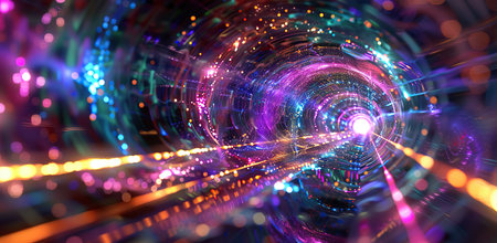 A tunnel filled with colorful lights that illuminate the surroundings, creating a vibrant and mesmerizing visual display. The lights create a dazzling effect as they reflect off the walls and give the illusion of a never-ending pathway.の素材