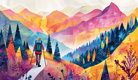 A painting depicting a lone figure trekking through rugged mountain terrain, surrounded by towering peaks and vast valleys. The hiker is shown navigating rocky paths, with a backdrop of snow-capped summits under a clear blue sky.の素材