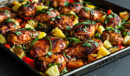 A metal pan filled with juicy chicken pieces and pineapple chunks rests on a wooden table. The ingredients are cooked and ready to be served.の素材