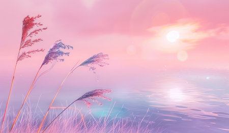 A painting depicting a vibrant sunset casting warm hues over a peaceful body of water. The sun dips below the horizon, creating a silhouette of the landscape against the colorful sky.の素材