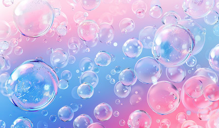 Multiple soap bubbles of various sizes floating in the air, reflecting light and colors as they move and interact with each other.の素材