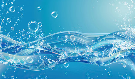 Clear blue background with bubbles floating and water ripping. The bubbles are varying in size and create an interesting visual texture against the smooth water surface.の素材