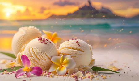 Two scoops of ice cream in a cone sitting on the sandy beach, topped with colorful flowers. The ice cream is melting slightly in the warm sun as waves gently crash in the background.の素材