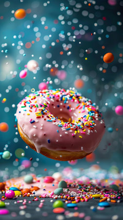 A donut with pink icing is shown with sprinkles falling from it, creating a delicious and visually appealing scene. The sprinkles cascade down from the sugary treat, adding a dynamic element to the vibrant dessert.の素材