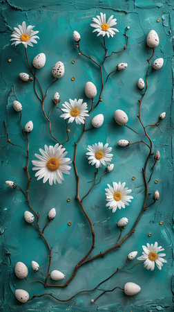 A painting depicting white flowers and eggs arranged on a bold blue background. The delicate flowers contrast with the eggs, creating a visually interesting composition.の素材