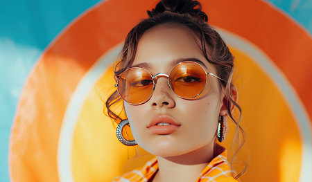 A woman with sunglasses is standing confidently in front of a vibrant orange and blue background. She is posing with a relaxed posture, taking in the colorful surroundings.の素材