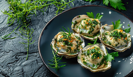 A black plate is displayed with freshly shucked oysters, each one topped with a savory sauce, creating a mouthwatering seafood dish full of flavor and texture.の素材