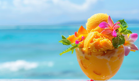 A vibrant yellow ice cream sundae topped with colorful flowers sits on the sandy beach, under the bright sun, creating a visually appealing contrast against the blue ocean in the background.の素材