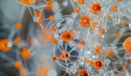 A close-up view showcasing a group of orange beads clustered tightly together. The vibrant color and round shapes are clearly visible, creating a striking visual pattern.の素材