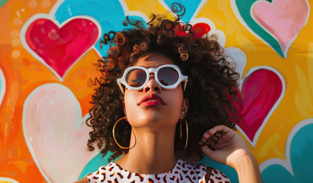 A woman with curly hair is wearing white sunglasses. She has a confident expression on her face as she stands in the sunlight.の素材