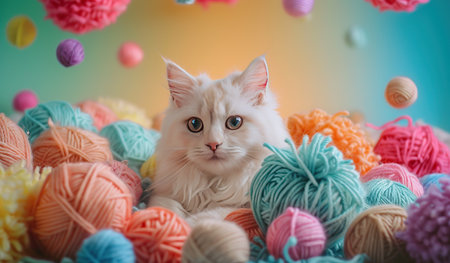 A white cat is surrounded by multiple colorful balls of yarn. It is sitting in the center, looking curiously at the yarn around it. The cats fur is fluffy and pristine white.の素材