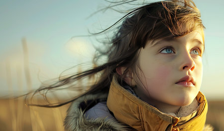 A young girl with long hair and striking blue eyes gazes directly at the camera. Her hair cascades down her shoulders, framing her face with a gentle curve. She exudes a sense of innocence and curiosity.の素材