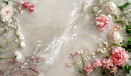 A group of colorful flowers arranged neatly on a wooden table, creating a vibrant and pleasing display. The flowers vary in size, shape, and color, adding a touch of nature indoors.の素材