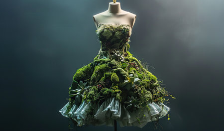 A mannequin is dressed in a garment made entirely of plants. The intricate design showcases different types of leaves and flowers woven together to form a unique and eco-friendly dress.の素材