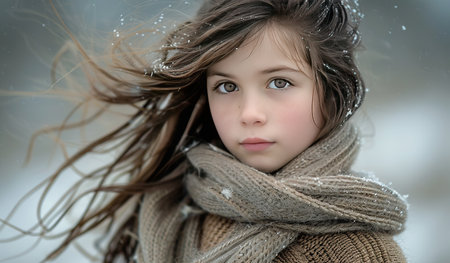 A young girl with long hair tied back is wearing a colorful scarf around her neck. She is looking off to the side with a neutral expression on her face.の素材