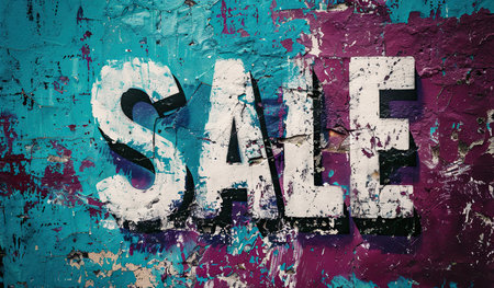 A sale sign is prominently displayed on a vibrant blue wall, catching the attention of passersby. The sign features bold lettering indicating a special promotion or discount. The contrast between the blue background and the white letters creates a striking visual impact.の素材