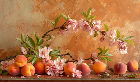 This artwork depicts a still life composition featuring ripe peaches and colorful flowers arranged on a table. The artist has captured the intricate details of the fruit and blooms with precision.の素材