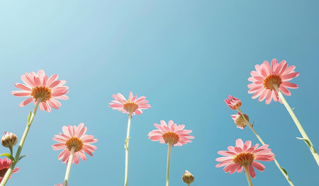 A cluster of pink flowers is seen suspended in the air, gently drifting with the breeze. The flowers appear weightless as they create a dreamy and ethereal sight against the sky.の素材