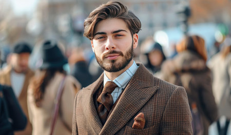 A man dressed in a suit and tie stands confidently in front of a large crowd, speaking or presenting. The audience is engaged and attentive, listening intently to the speaker.の素材