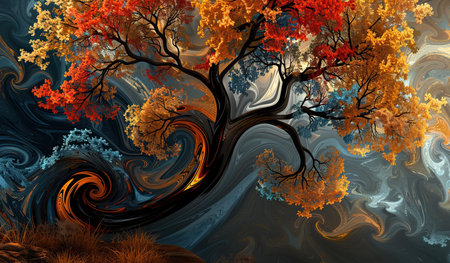 This painting showcases a tree bursting with a variety of colorful leaves, ranging from vibrant reds to deep purples and bright yellows. The branches are intricately detailed, with each leaf meticulously painted to create a stunning display of autumn hues.の素材