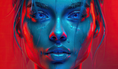 A digital painting depicting a woman with striking blue eyes looking directly at the viewer. Her features are detailed and realistic, with a sense of depth and emotion captured in the artwork.の素材