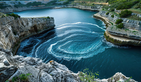 A vast expansion of water stretches out, hemmed in by towering cliffs of rough rock. The cliffs rise sharply, creating a dramatic contrast against the calm surface of the water below.の素材