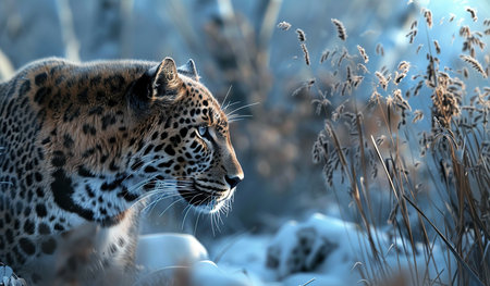 A large leopard prowling through a winter landscape, its spotted fur blending with the snowy surroundings as it moves gracefully through the forest.の素材