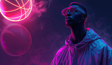 A man wearing a hoodie stands in front of a vibrant neon orb, casting a colorful glow on his silhouette. The contrast of the dark figure against the bright, glowing orb creates a striking visual effect.の素材
