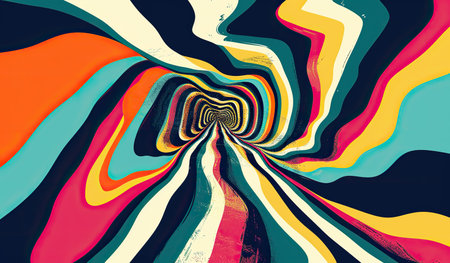 A vibrant and colorful swirl of various hues stands out starkly against a deep black background. The swirl appears dynamic and fluid, with each color blending seamlessly into the next.の素材