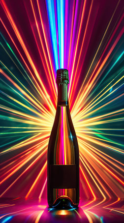 A bottle of wine stands in the foreground, with colorful lights creating a vibrant backdrop. The lights cast a dazzling display of colors, enhancing the presence of the wine bottle.の素材