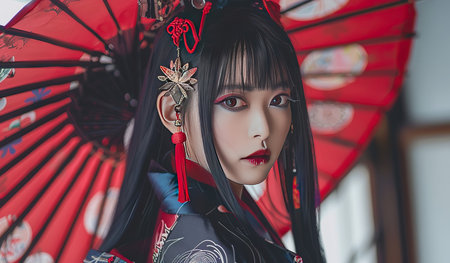 A woman dressed in a traditional geisha outfit holds a vibrant red umbrella in her hand, standing elegantly against a neutral background.の素材
