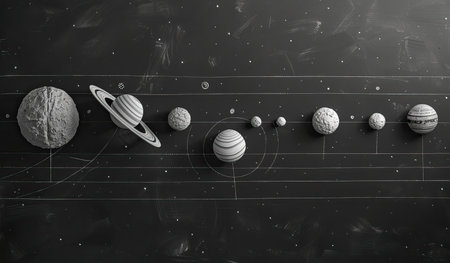 A black and white depiction of the solar system, showing the sun, planets, and other celestial bodies in our cosmic neighborhood.の素材