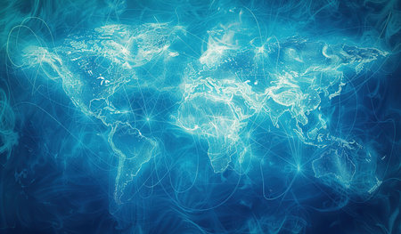 A detailed map of the world is displayed in varying shades of blue, highlighting continents, countries, and oceans.の素材