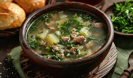 A bowl filled with piping hot soup, chunks of tender meat, and an assortment of colorful vegetables. The meat and vegetables are swimming in a savory broth, creating a hearty and nutritious meal.の素材