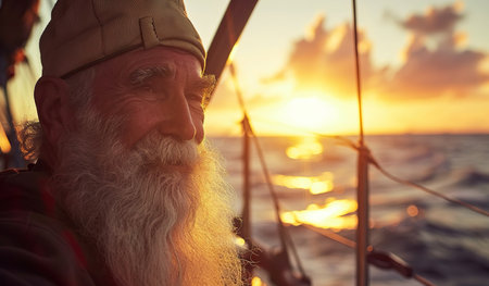 An elderly man with a long white beard wearing a hat is shown in the picture. His expression is serious, and he appears to be looking at something in the distance.の素材